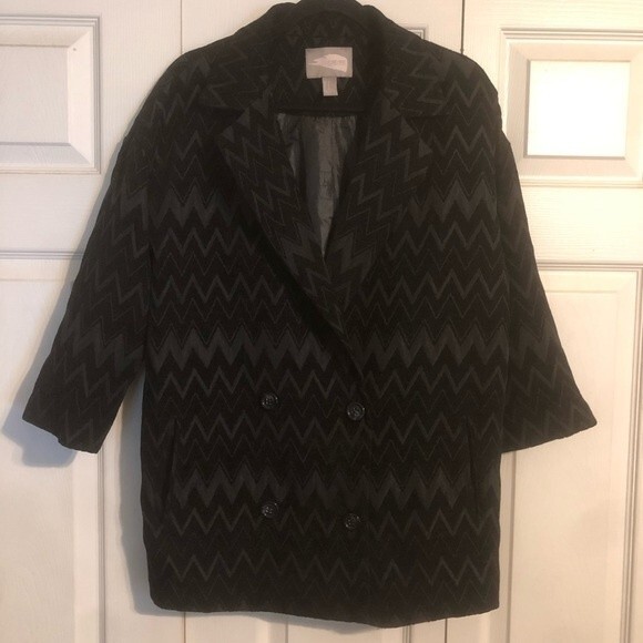 FOREVER 21 Black Jacket Blazer Small Zig Zag Lined Long Length Pockets Oversized - Picture 1 of 6